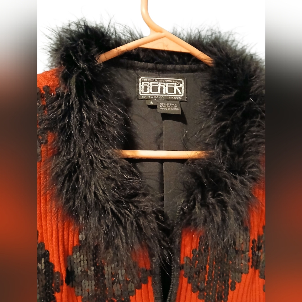 Berek 2 Red Black Fur Collar Sequin Diamond Zip Cardigan Sweater Small Steampunk - Picture 4 of 12